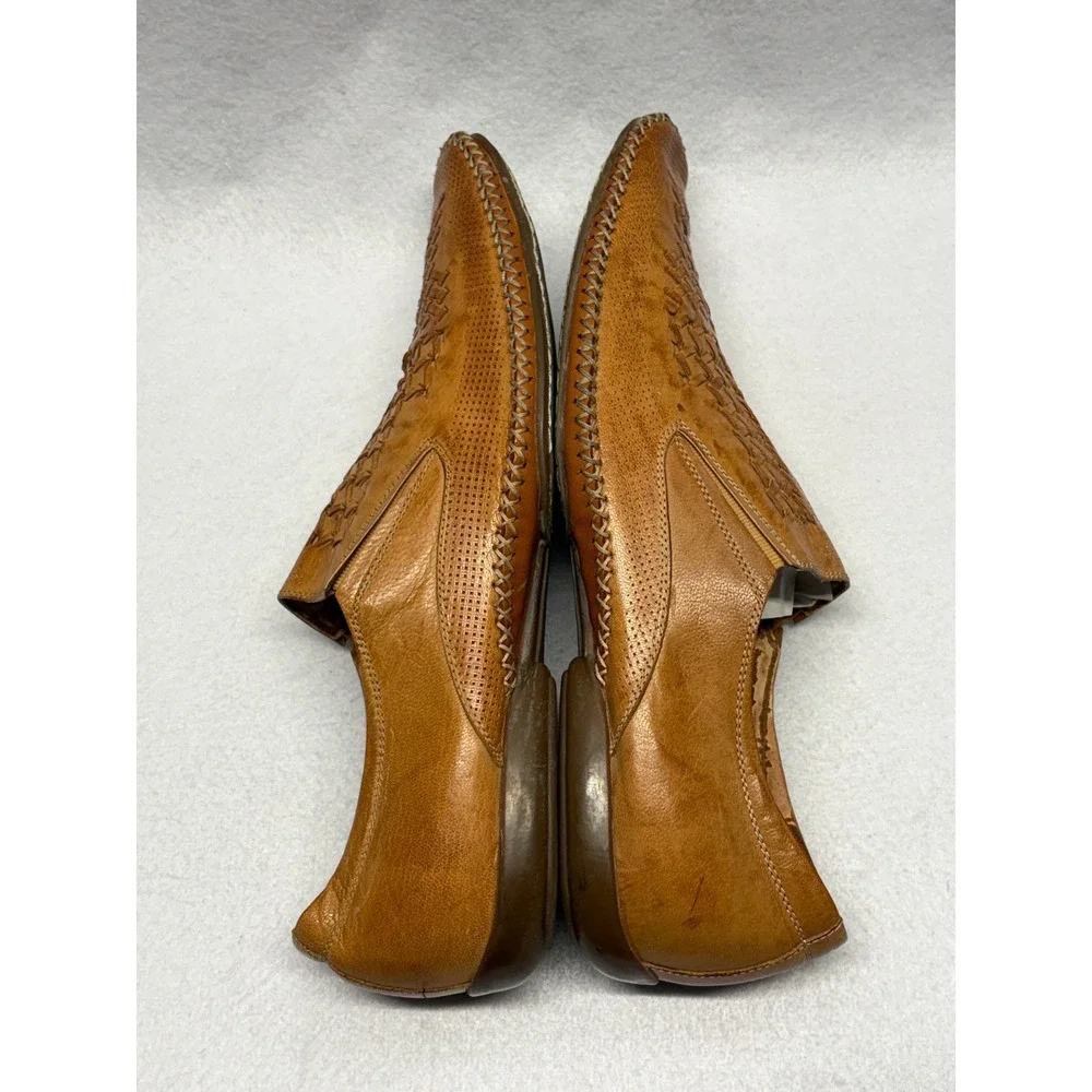 Jump for the People Mens Tan Leather Perforated Woven Slip On Loafers 10.5